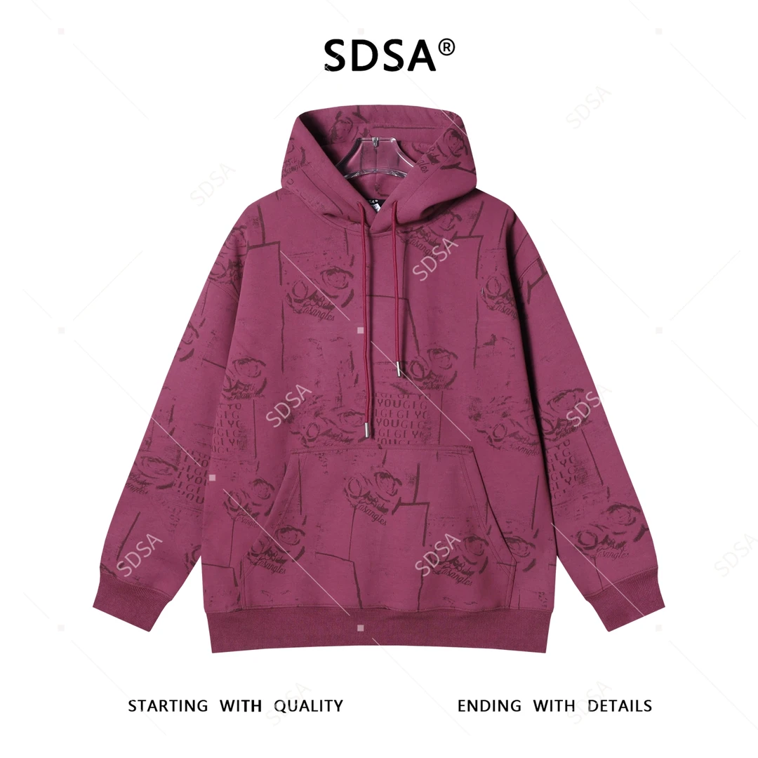 SDSA男士秋冬新款痞帅男装时尚撞色玫瑰印花抽绳连帽卫衣百搭时尚