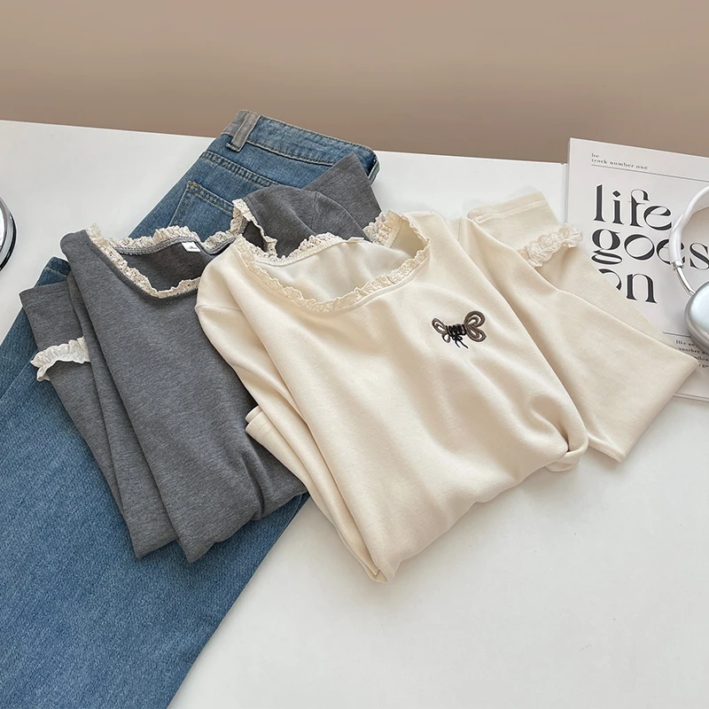 韩系蕾丝拼接长袖T恤女2025秋季新款设计感圆领宽松小众别致上衣