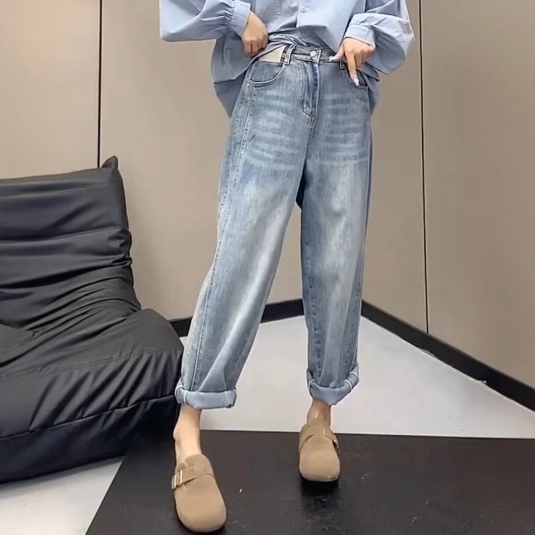 水洗蓝哈伦牛仔裤女春季新款梨形身材胖mm大码高腰显瘦弹力老爹裤