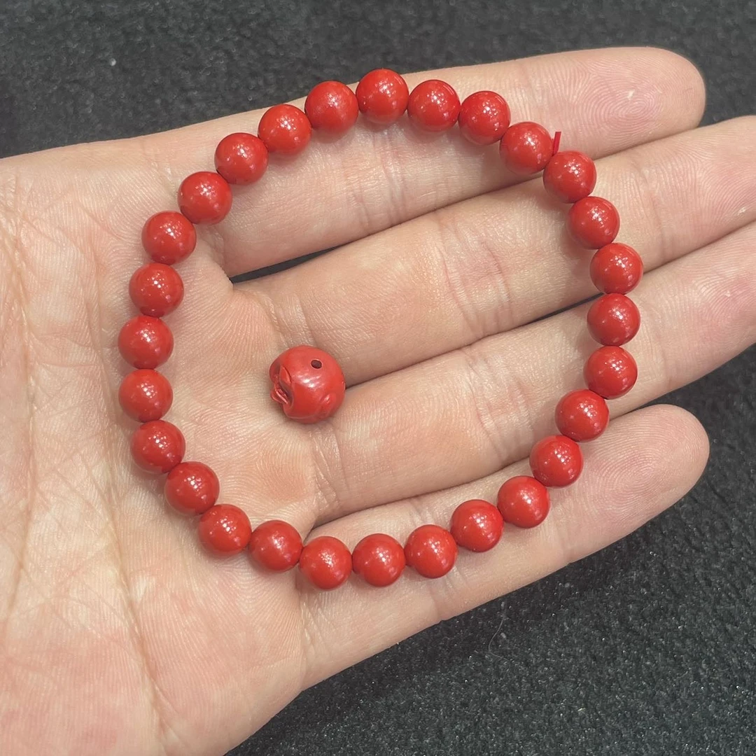 含辰砂工艺品【佳哥严选】 J18519-朱砂圆珠小手串+朱砂雕刻单籽