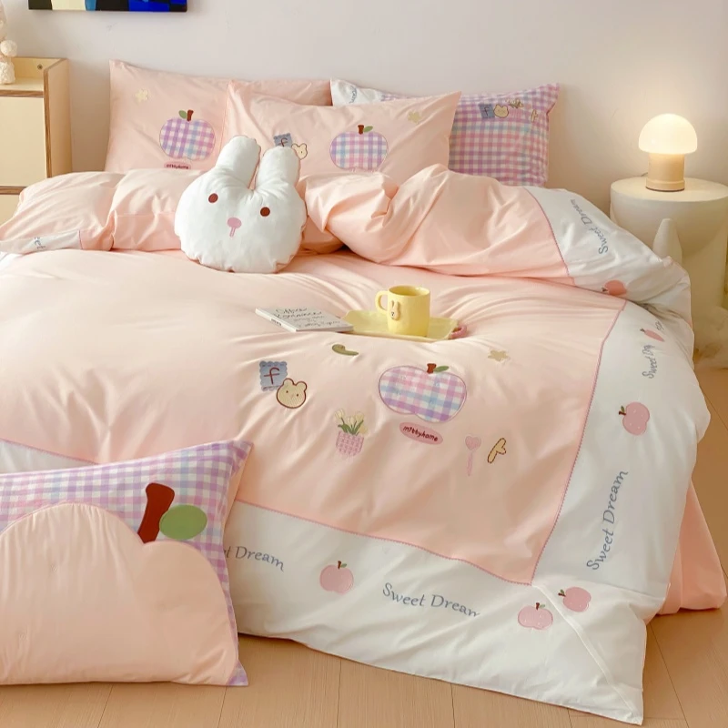 可爱苹果刺绣少女心纯棉水洗棉四件套被套床单全棉1.8米床上用品