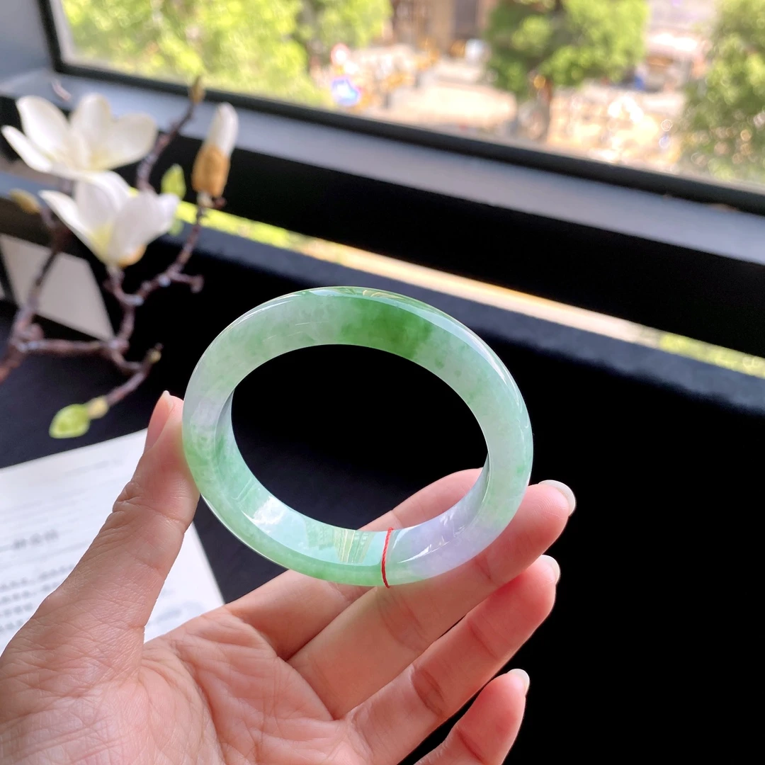好色珠宝 圈口53缅甸老坑A货糯冰种春彩正圈女款翡翠手镯