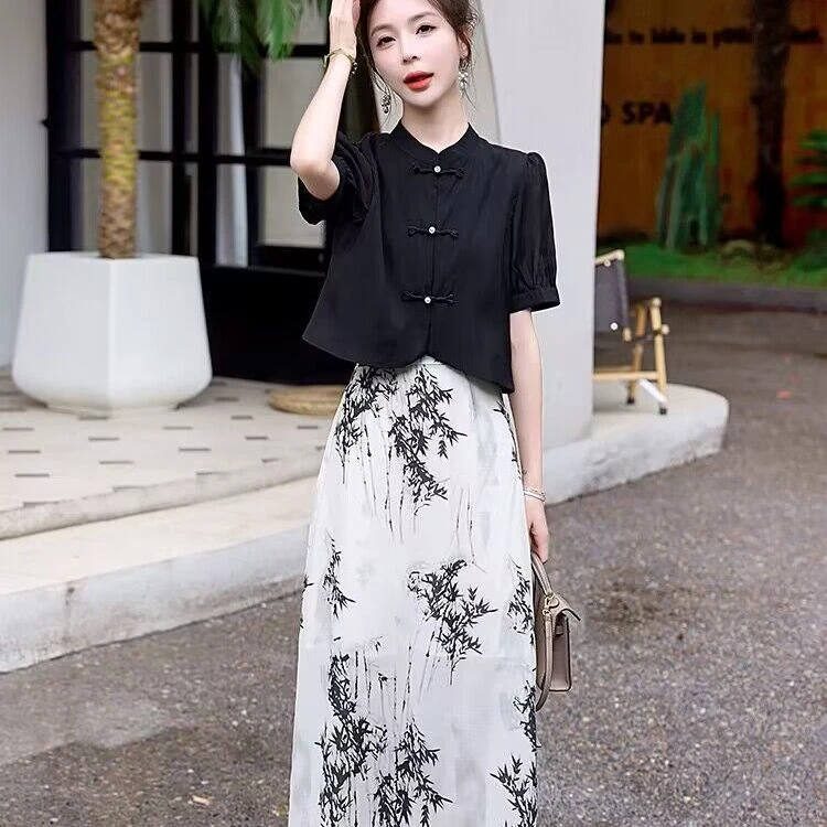 新中式国风连衣裙女2023夏新款高级感气质改良旗袍水墨半身裙套装
