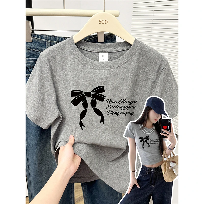 甜辣风灰色短袖女夏季新款蝴蝶结印花正肩t恤修身少女感短款上衣