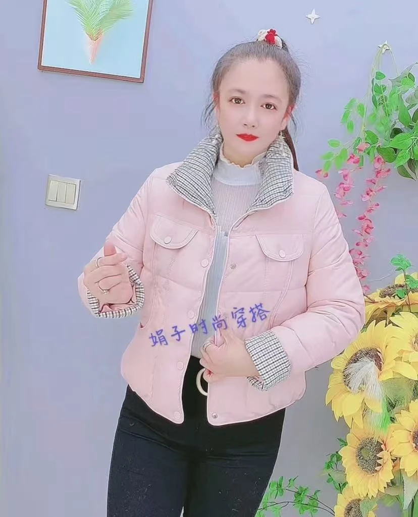 格子拼接小个子短棉衣棉服立领修身款2025冬季百搭棉袄加厚保暖