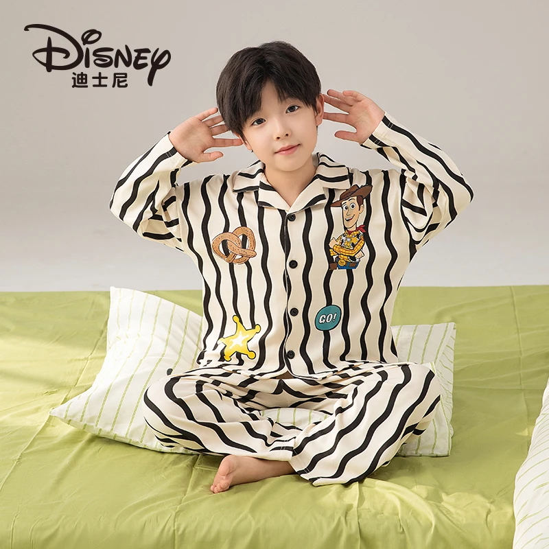 Disney/迪士尼男童睡衣纯棉长袖胡迪儿童卡通家居中大童条纹套装