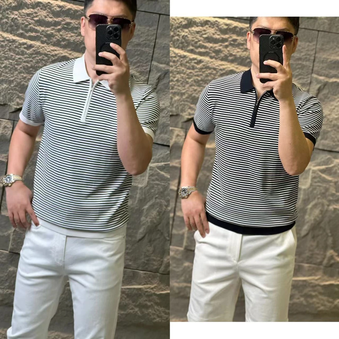 86028【公元·名品】轻奢欧货男士25夏 | 减龄条纹时尚半拉链翻领T恤