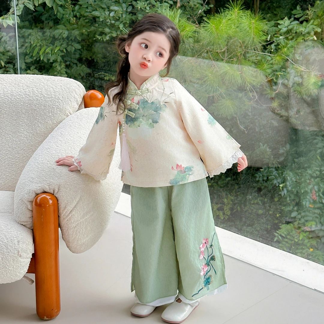 超仙小女孩荷花汉服女童秋款套装新中式秋季新款女宝宝国风两件套