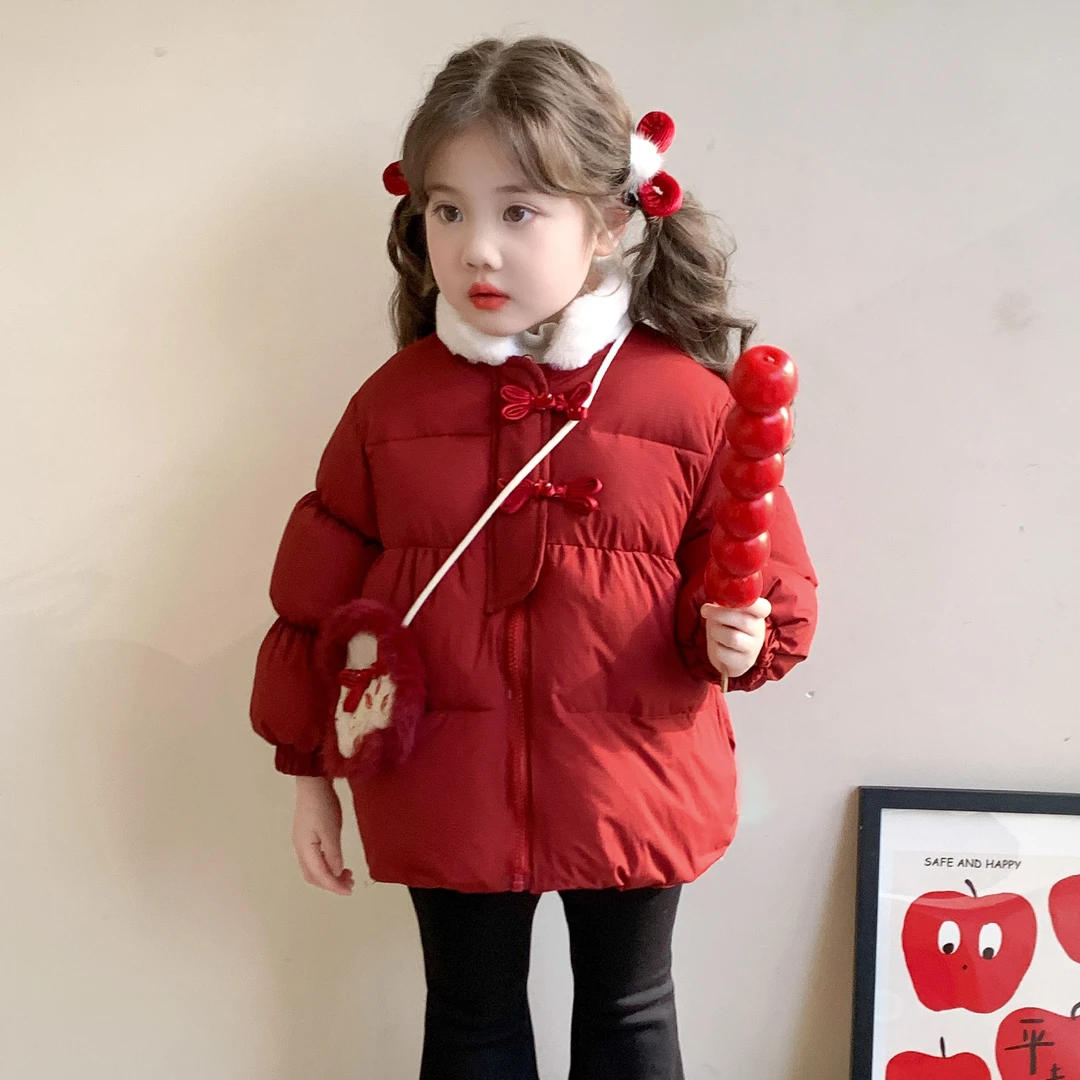 女童新年装外套儿童秋冬装新款唐装中长款洋气女宝宝冬季加绒棉衣