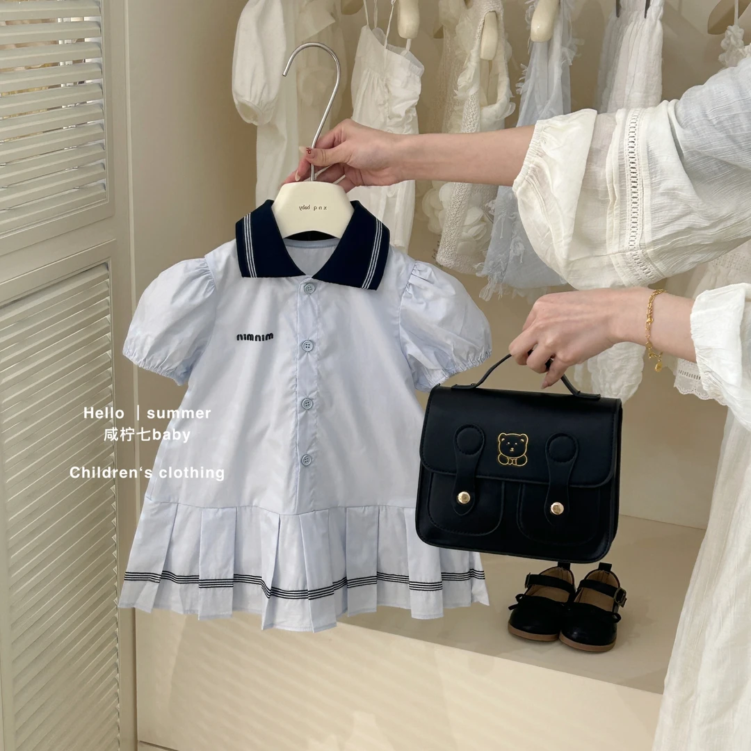 【咸柠七】女童夏季元英连衣裙学院风撞色polo领衬衫短袖裙子