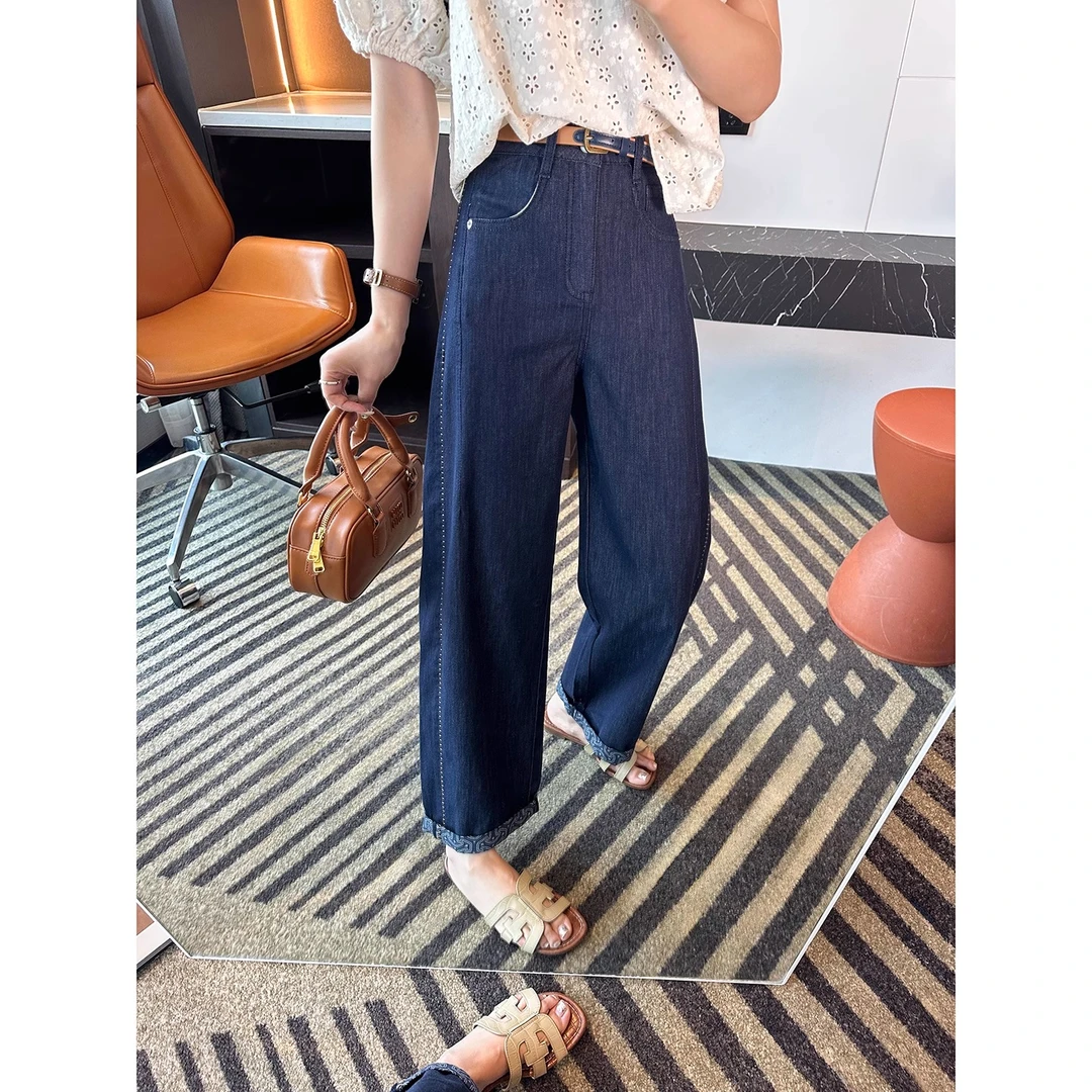 复古深蓝色刺绣九分牛仔裤夏季新款梨型身材高腰显瘦宽松阔腿裤