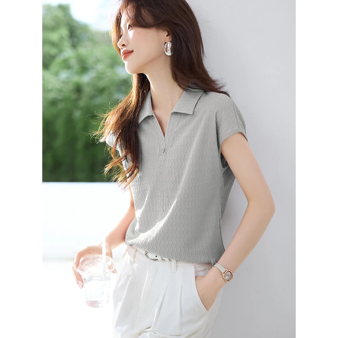 沫晗依美休闲polo领小飞袖衬衫2025夏季设计感简约百搭女衬衫8337