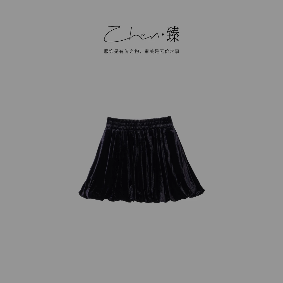 ZHEN.臻 法式轻奢气质高腰立裁捏褶真丝丝绒蓬蓬花苞短裙BQ9274Z