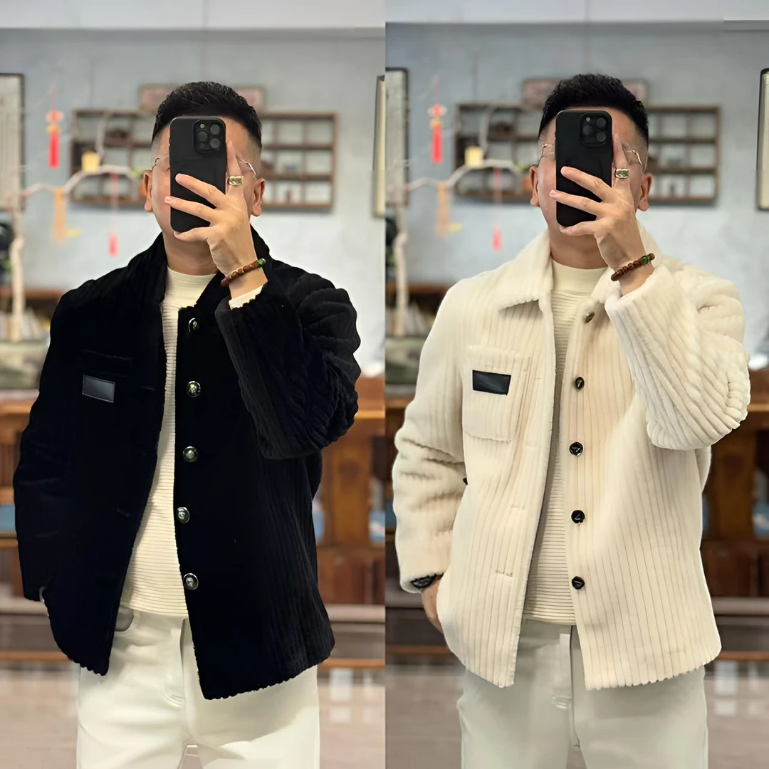 9815欧货冬季轻奢时尚%100羊毛翻领拼羊皮切割条绒男士外套