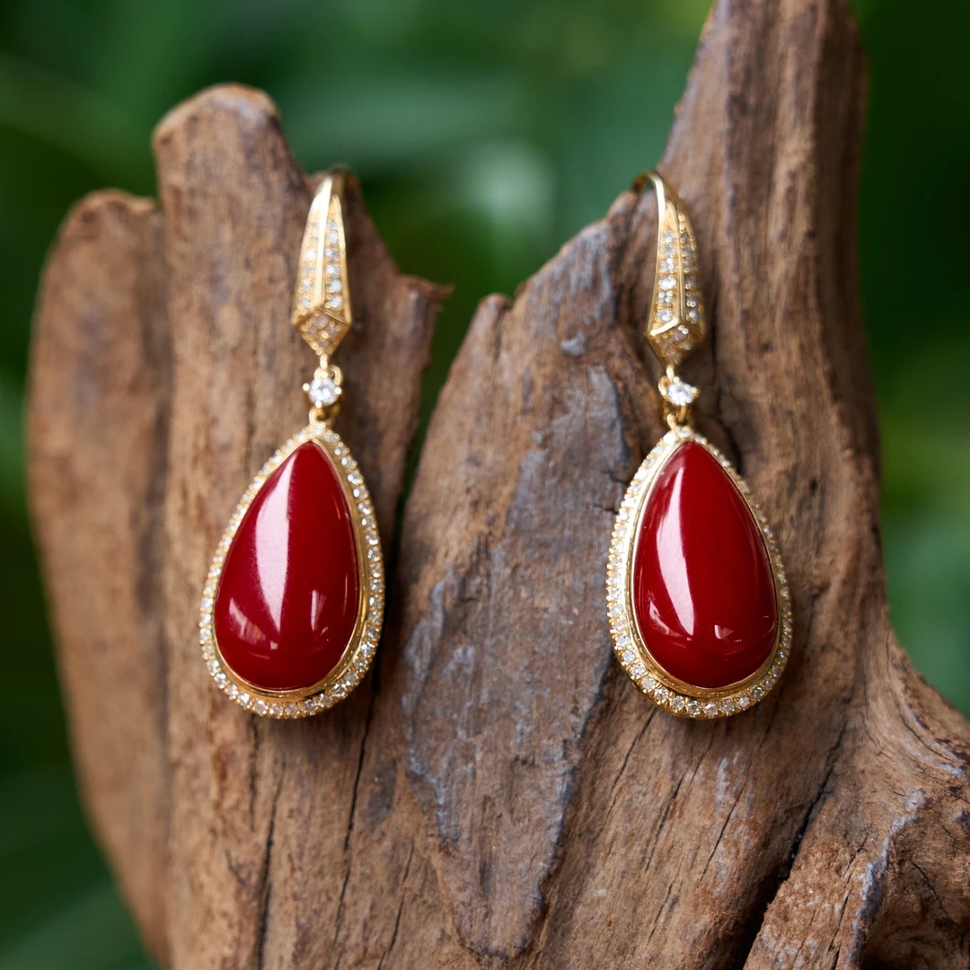 日本阿卡赤牛血红珊瑚耳钩大气华丽基地发货一物一证