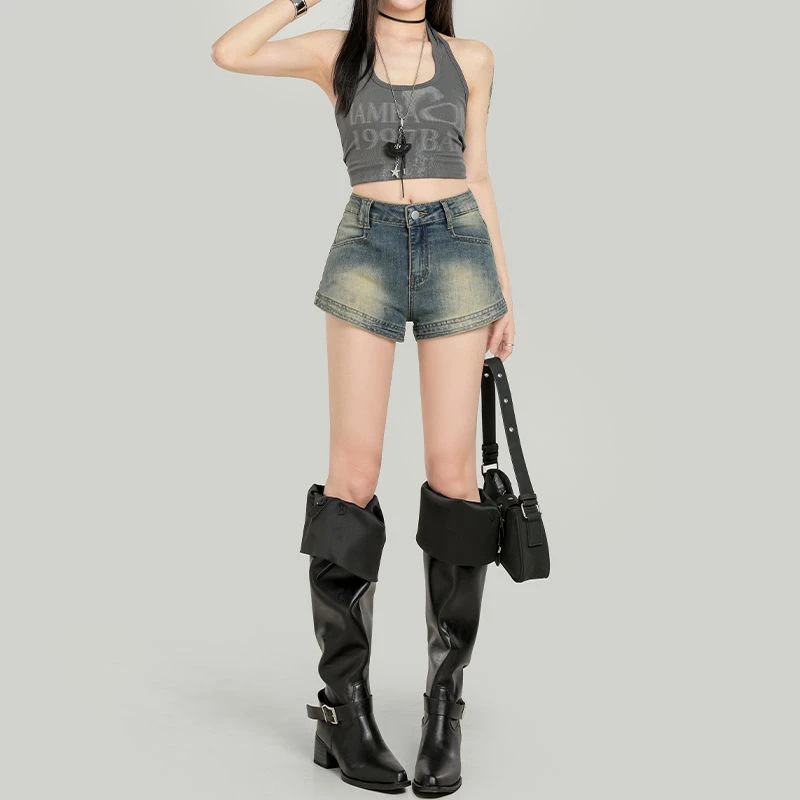 美式复古高街牛仔短裤女夏季薄款辣妹高腰修身显瘦做旧a字热裤子