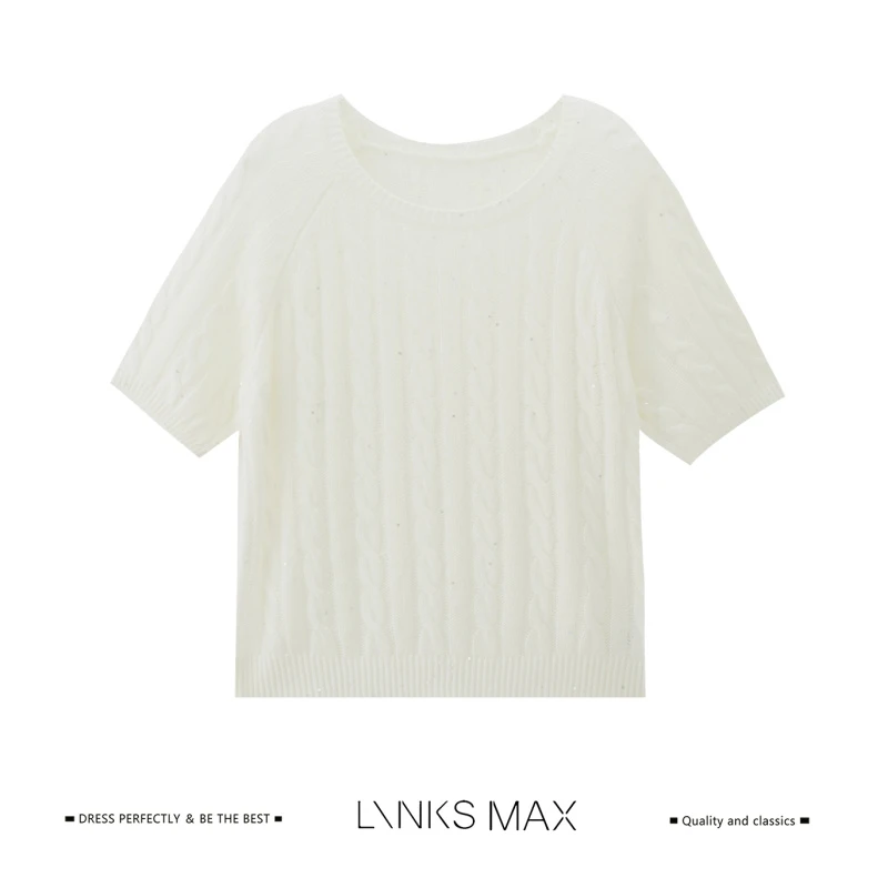 Links Max重工软糯亲肤莱赛尔绵羊毛羊绒亮片绞花针织衫46456