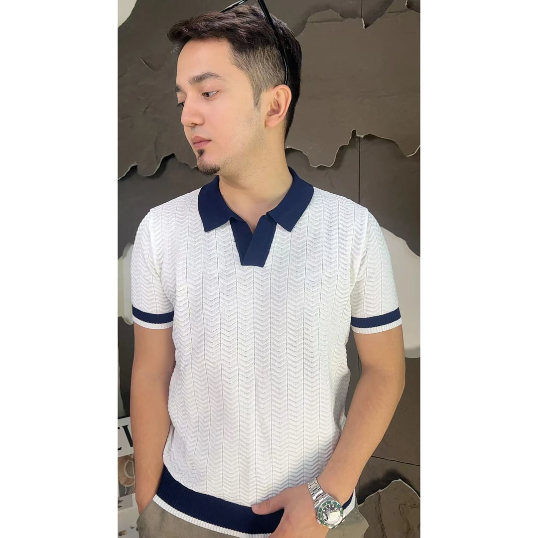 夏季透气百搭意式POLO衫V领高级感轻奢波浪纹男士短袖
