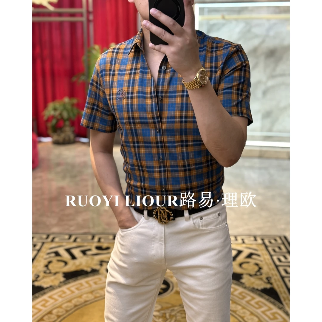 【路易理欧】2025潮流经典格子夏季绅士男士短袖衬衫0290