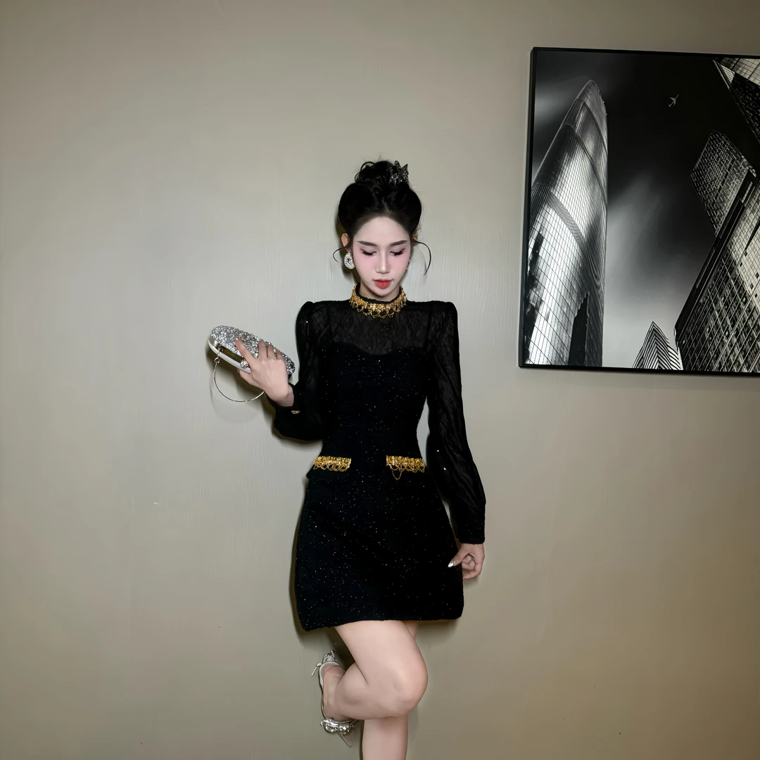 【时时原创】气质轻奢时尚小香风优雅显瘦秋冬名媛宴会连衣裙65275