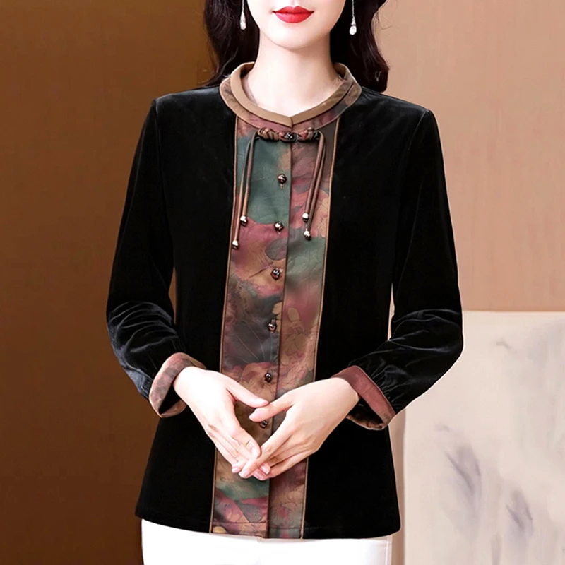 新中式金丝绒衬衫女长袖2025秋季新款国风印花小衫妈妈装高端上衣