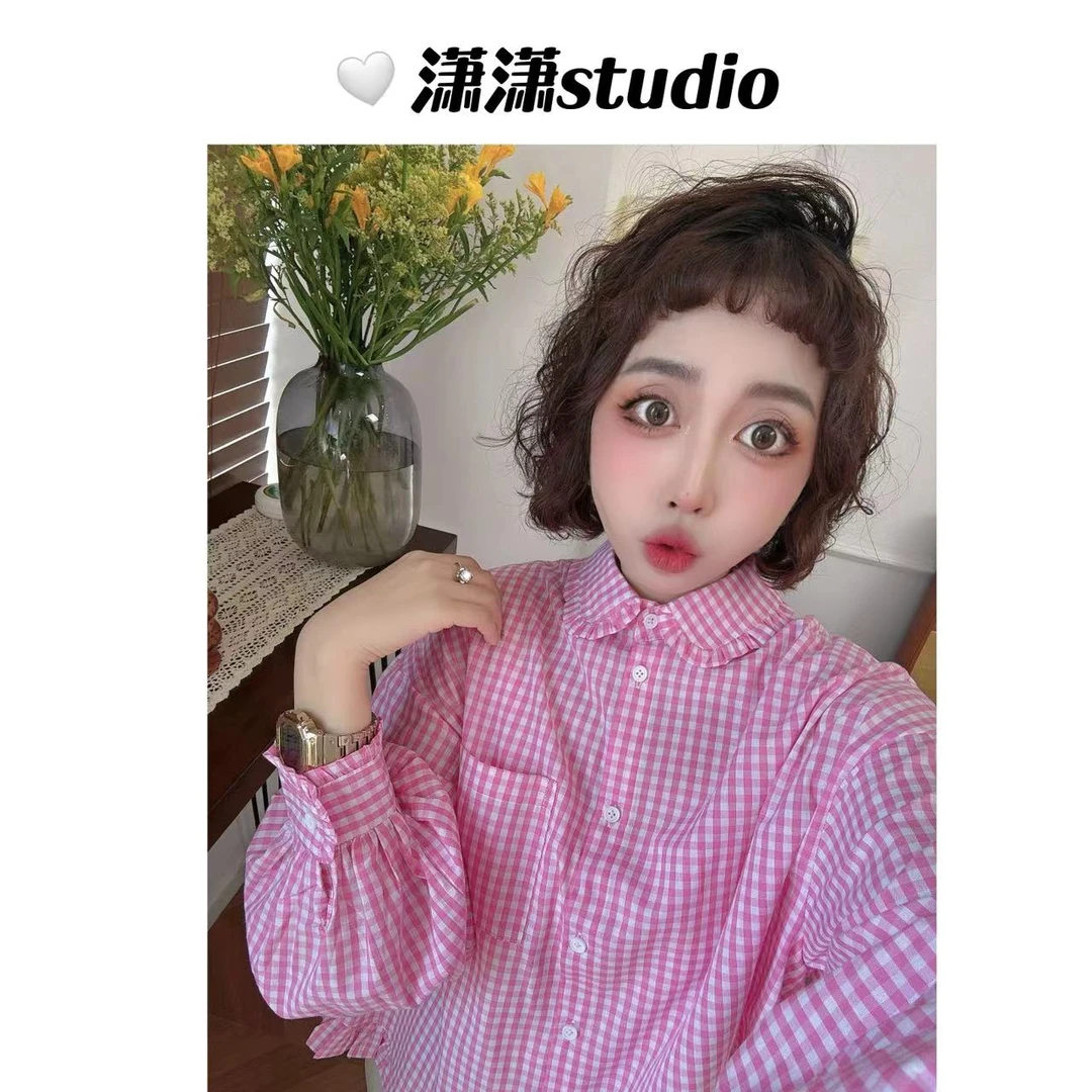 【韩系小格】【下摆特色】潇潇下摆特色精致小领口泡泡袖格衬衣XS2344