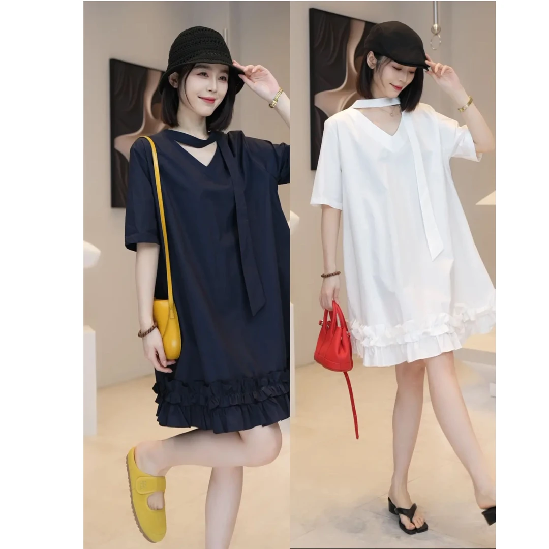百搭韩系设计感V领宽松花边短袖连衣裙女夏季新款小众减龄飘带