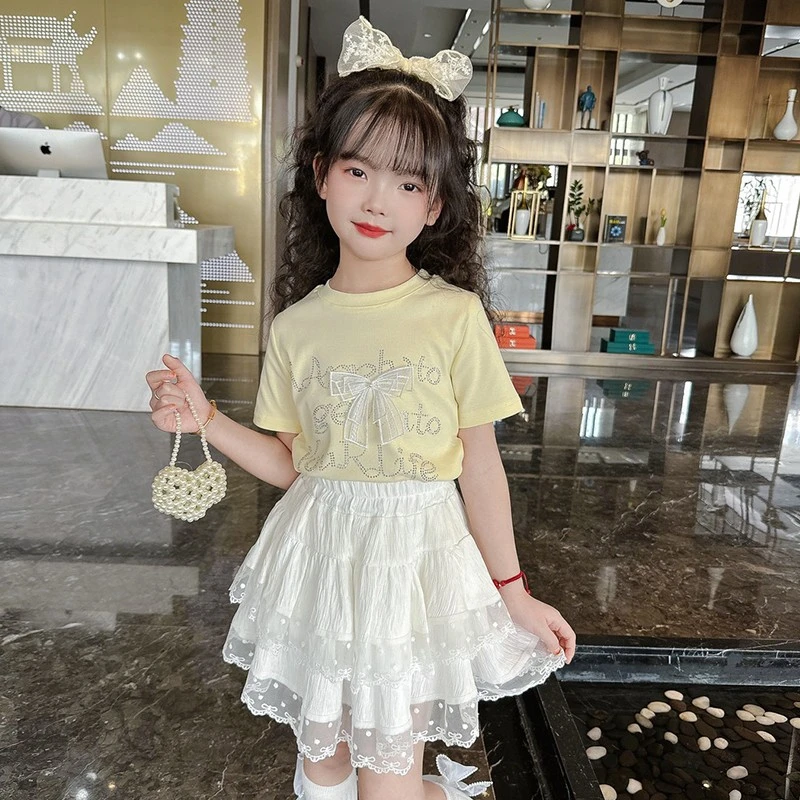 女童蕾丝半身裙套装夏季2025新款儿童夏装女孩烫钻T恤两件套洋气