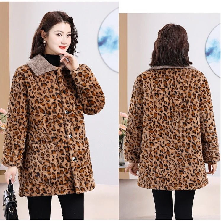2024新款豹纹棉衣加绒加厚罩衣棉袄大衣时尚居家服外套大褂女装女