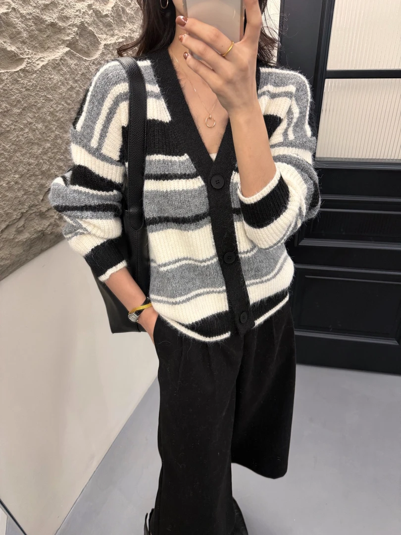 秋装女士条纹宽松毛衣针织开衫外套女2025新款高级感早秋上衣外穿