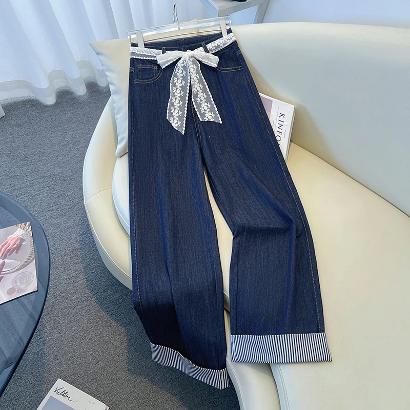 拉夏贝尔蕾丝腰带阔腿牛仔裤女夏薄款2025年新款小个子卷边直筒裤