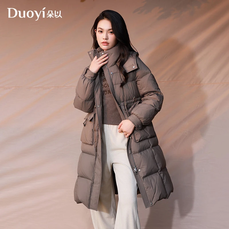 朵以2025冬季新款时尚户外保暖收腰连帽羽绒服中长款39DD930096