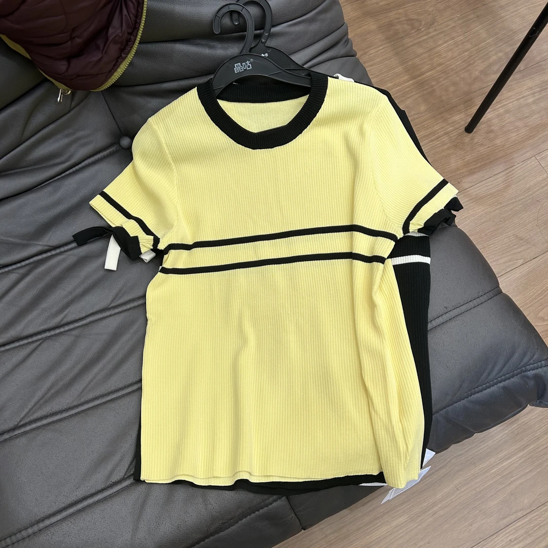 晶咕佳佳【中古蜜糖】U领撞色条纹短袖T时尚休闲百搭夏季
