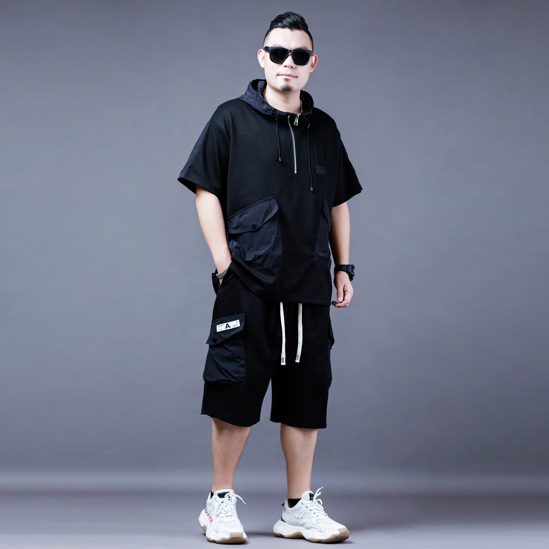 大码潮牌套装男2025夏季薄款休闲连帽套头短袖五分裤一整套运动服