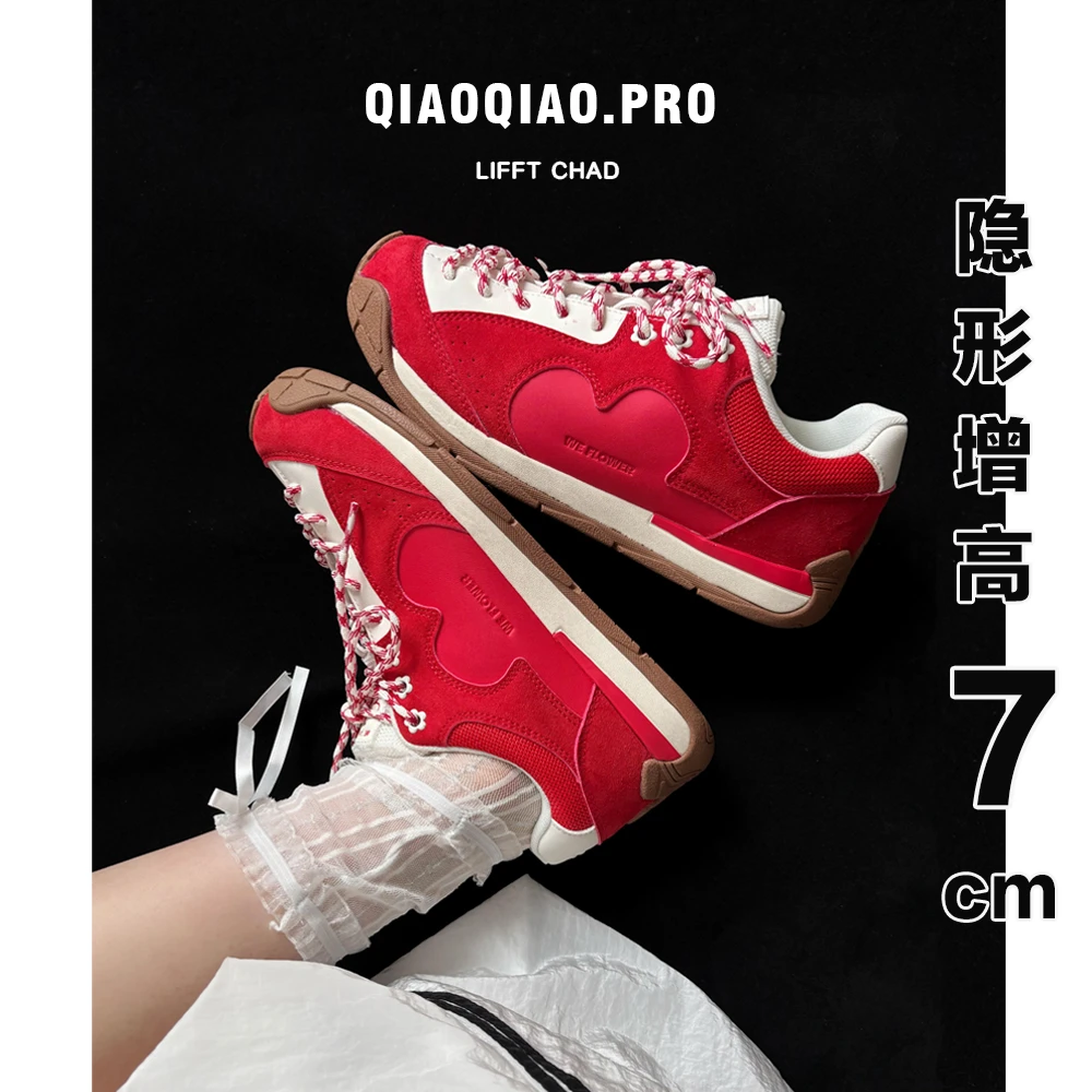 7cm内增高德训阿甘鞋女款复古红色厚底小花流浪2025夏休闲运动鞋