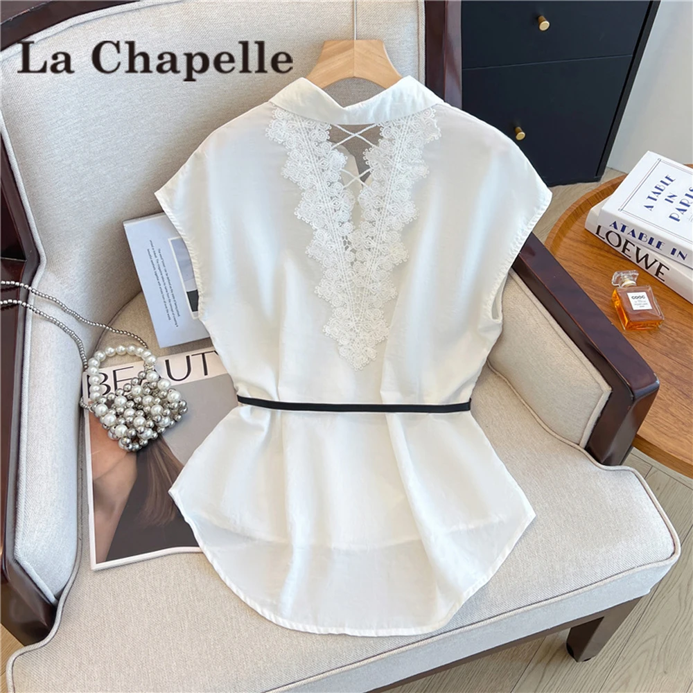 拉夏贝尔后背蕾丝拼接镂空露背衬衫女设计感小众独特漂亮短袖上衣