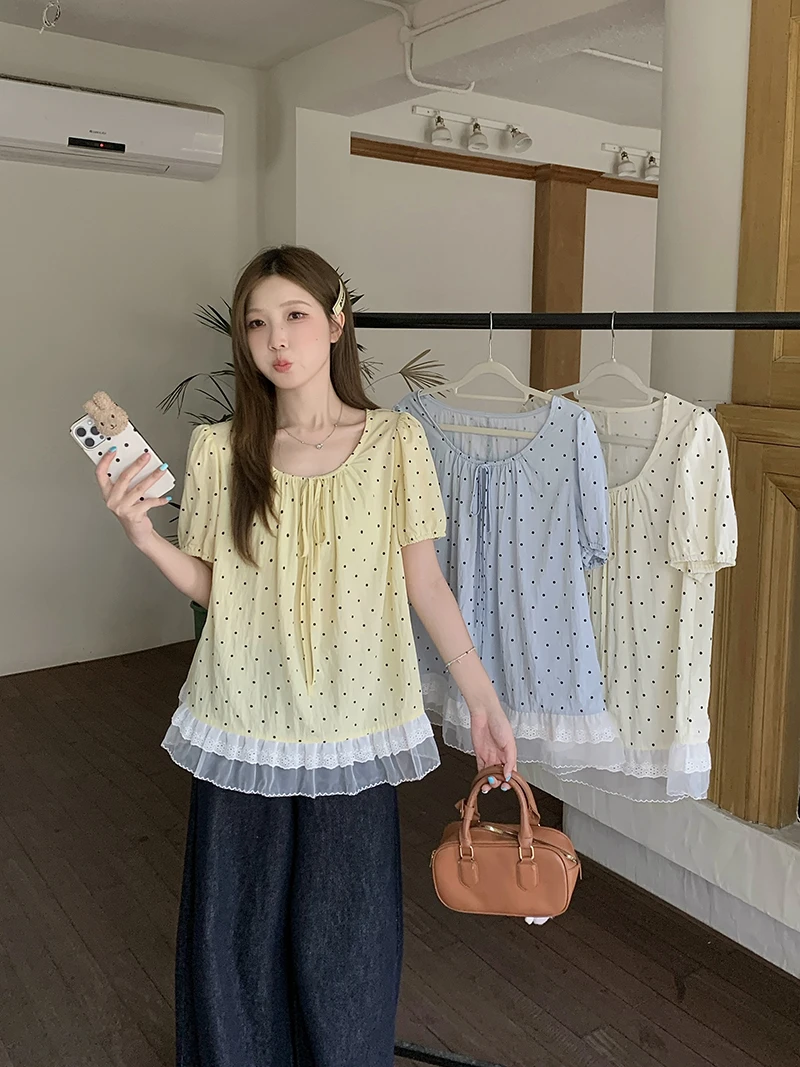 Q2025夏装新款胖mm大码女韩系设计感波点系带短袖T恤上衣21828