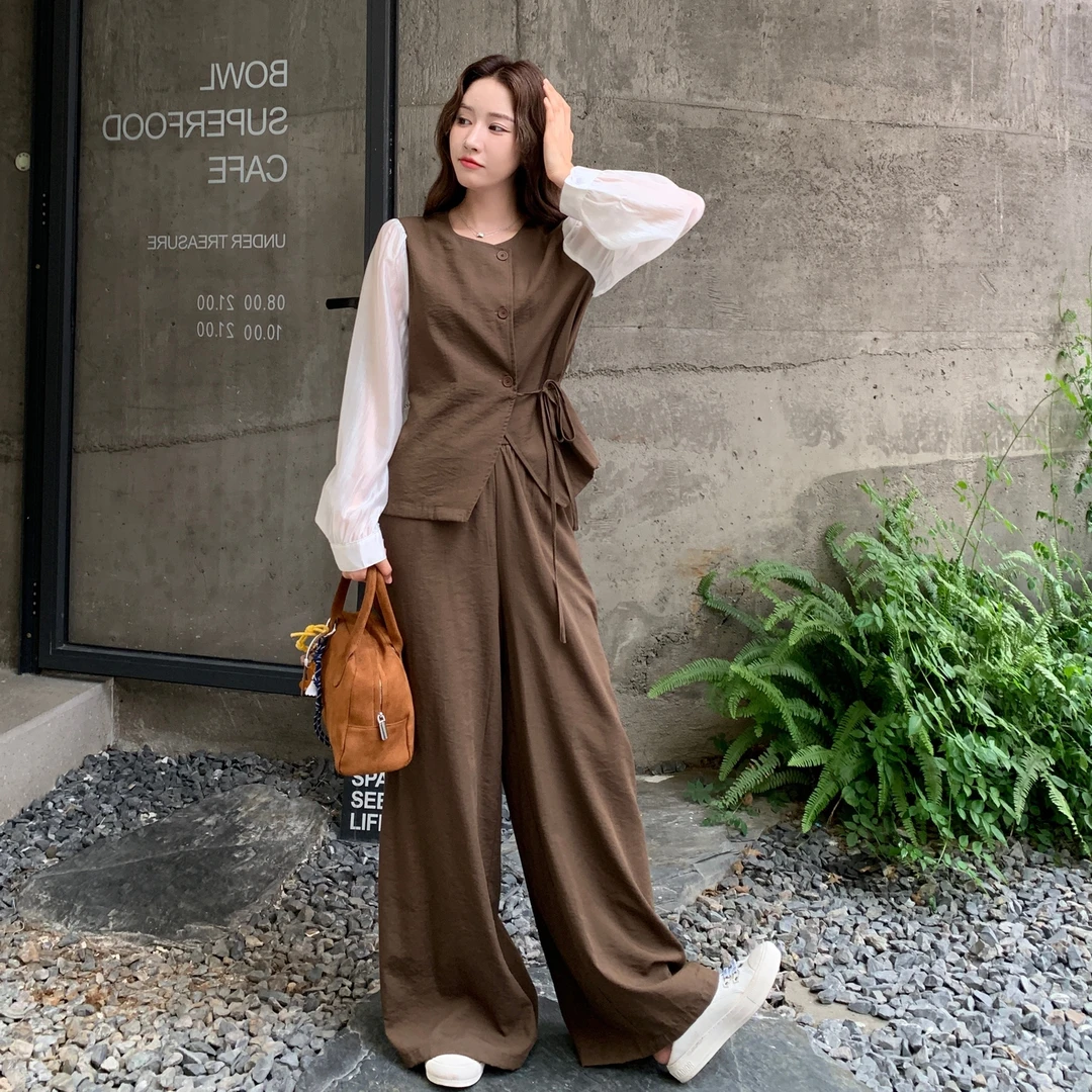 韩版高级感气质百搭套装女秋季新款设计感假两件上衣阔腿裤两件套