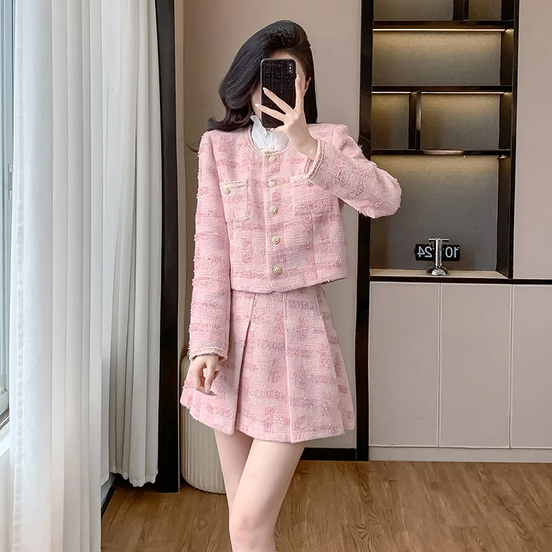 洋气秋冬新款粉色小香风轻奢气质套装女高级感百搭显瘦减龄两件套