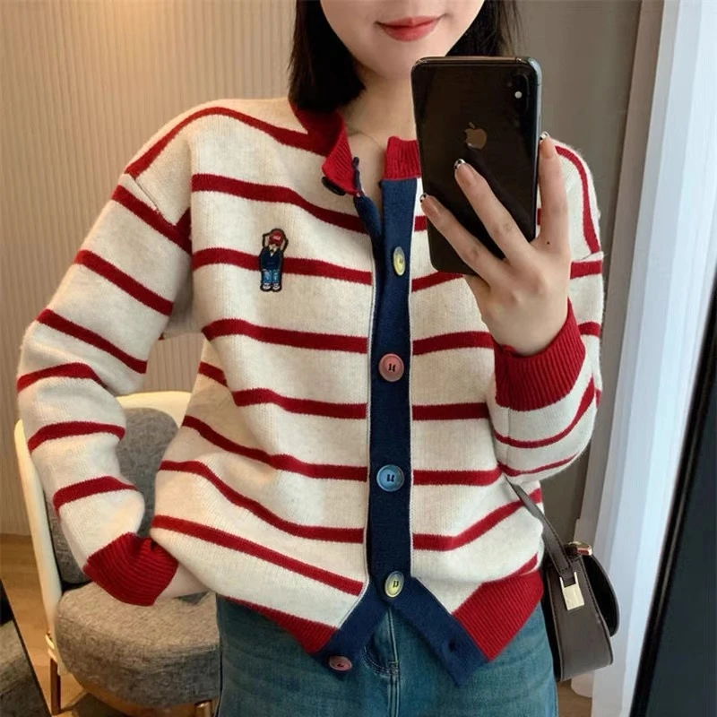 条纹拼色毛衣外套女新款慵懒风宽松针织开衫