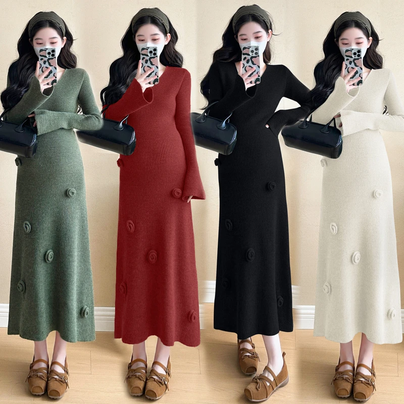 早秋韩版时尚法式辣妈复古立体花朵设计V领中长款孕妇针织连衣裙