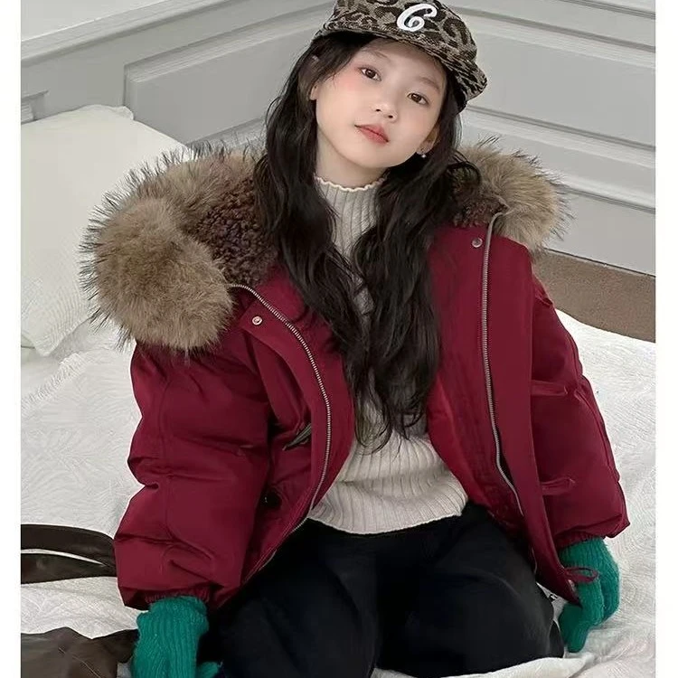女童牛角扣加绒派克服(无毛领)