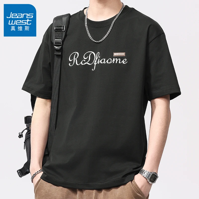 Jeanswest/真维斯2025夏季新款短袖t恤男士舒适百搭简约印花上衣