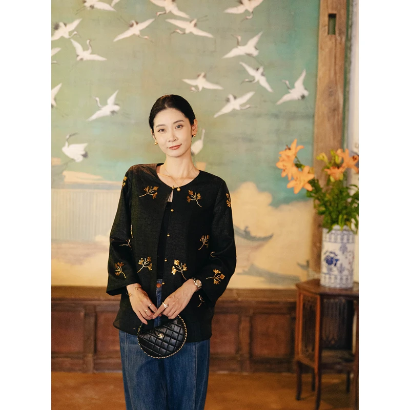 CHENSMCHEN 香云纱龟裂纹重工珠片外套女复古精致上衣CSHW5549TT
