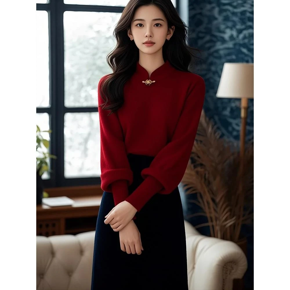 冬季穿搭一整套国风小个子富家千金新中式红色上衣两件套装裙冬