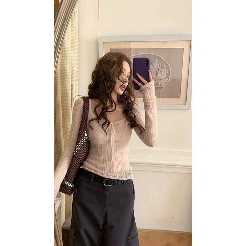 早秋季新款修身显瘦内搭薄款长袖上衣两件套休闲简约直筒长裤套装