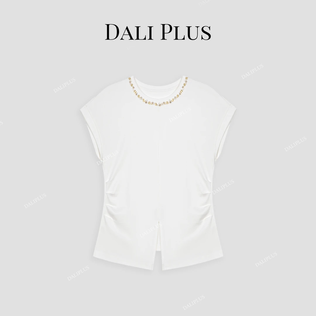 DALI PLUS“手工精珠T”收腰提褶休闲慵懒风小众短袖T恤-D5MM2124