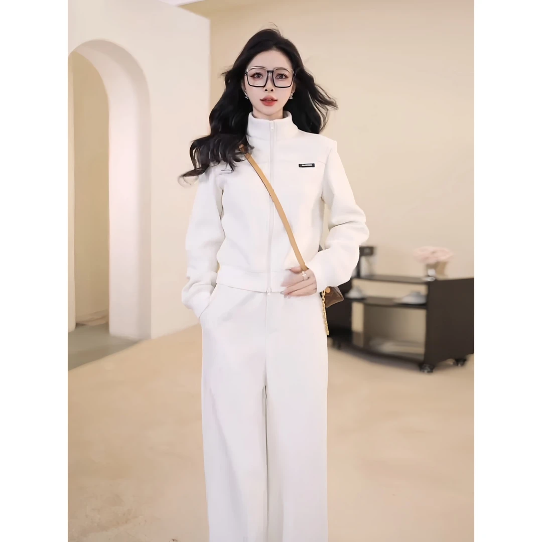 秋冬季新款巨好看的时尚洋气休闲运动立领加绒卫衣长裤两件套装女