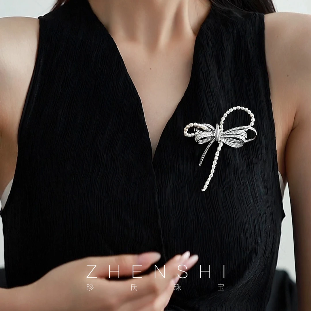 珍氏珠宝天然淡水异形珠胸针女 法式轻奢小香风蝴蝶结胸饰（香榭）