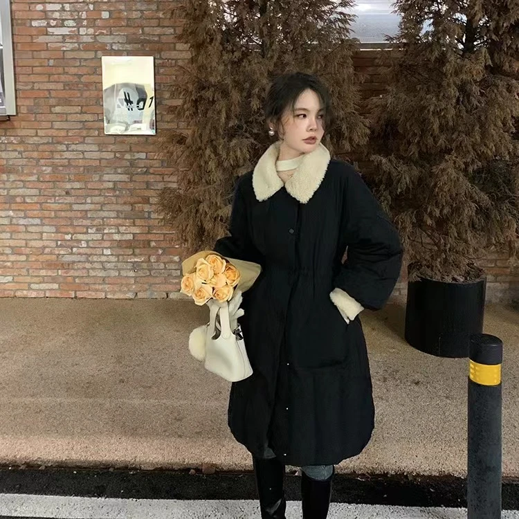 新款中长款女羊羔羽绒服拼接外套1